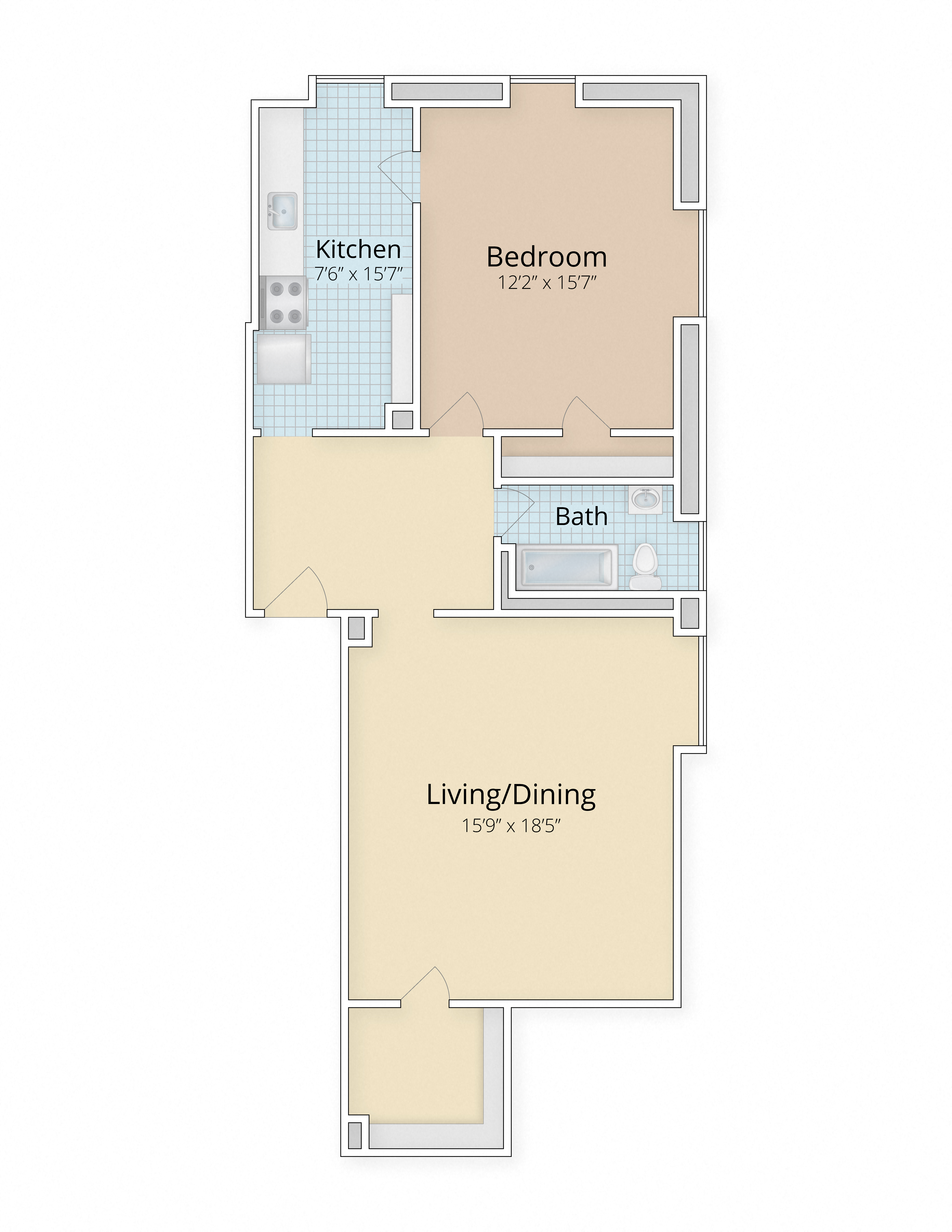 Floor plan for 1 bed, 1 bath, 948 sqft